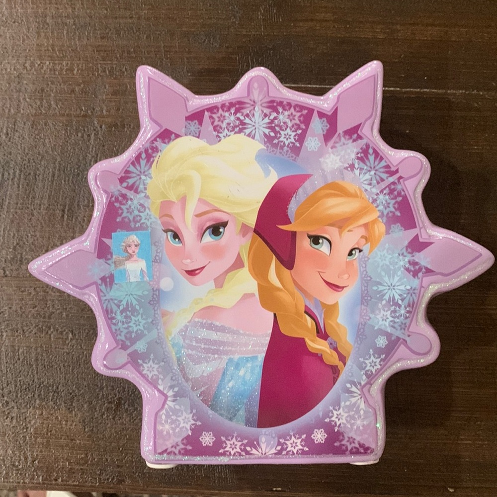 Disney Frozen Ceramic Piggy Bank Purple Anna and Elsa and Olaf on other side